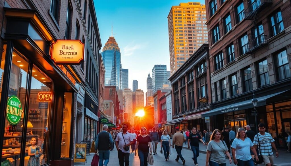 a bustling street scene in a vibrant urban center, with a well-lit storefront featuring the facade of a local business - a family-owned restaurant or boutique shop. The storefront is adorned with warm lighting, lively window displays, and a welcoming 'Open' sign. In the foreground, pedestrians stroll along the sidewalk, interacting with the business owners and admiring the merchandise. The middle ground showcases additional local establishments, each with their own unique character and charm. In the background, a mix of high-rise buildings and historic architecture creates a picturesque cityscape, bathed in the golden glow of a setting sun. The overall atmosphere conveys a sense of community, support, and appreciation for local enterprise.