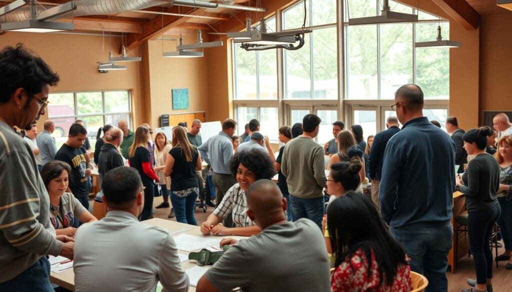 a busy community center, with a diverse group of people engaged in various activities and discussions, highlighting the importance of local involvement and collaboration. In the foreground, a group of people are gathered around a table, exchanging ideas and making plans. In the middle ground, a mix of adults and children participate in interactive workshops and educational sessions. The background features a warm, welcoming atmosphere with natural lighting filtering through large windows, showcasing the vibrant and inclusive nature of the community engagement event. The overall scene conveys a sense of unity, empowerment, and the collective effort to support and uplift the local community.