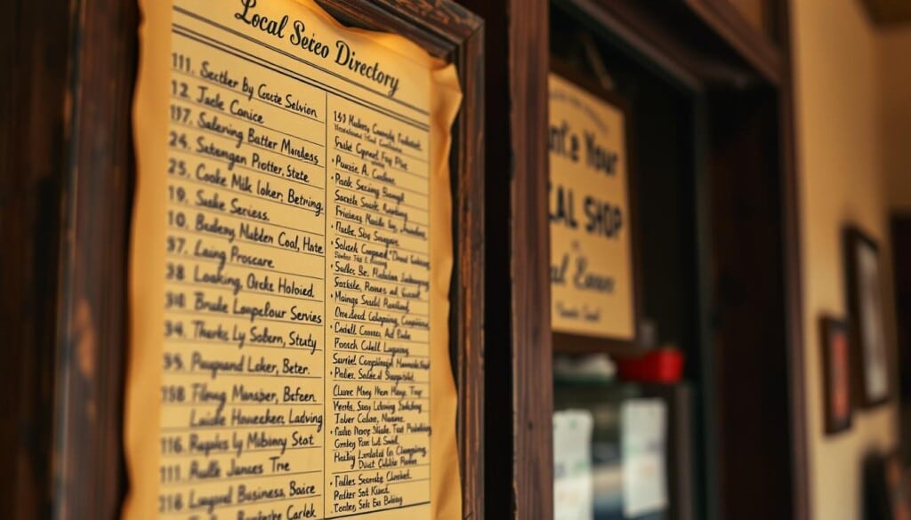 a close-up shot of an old-fashioned directory board with hand-written business listings on yellowed paper, the edges slightly worn and curled, hanging on the wall of a small local shop, the lighting soft and warm, creating a cozy, nostalgic atmosphere, the board framed by a weathered wooden frame, the overall scene conveying a sense of community and the importance of local businesses