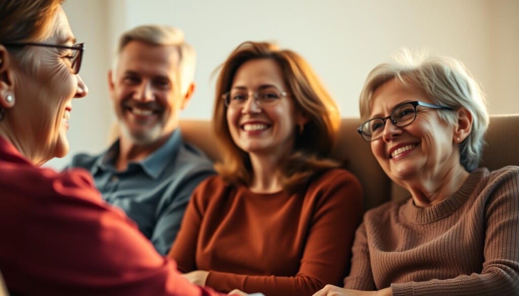 a close-up view of three people sitting in comfortable chairs, sharing their personal stories and experiences about the benefits of laser eye surgery. The foreground features the faces of the patients, their expressions conveying genuine warmth and satisfaction. The middle ground showcases their upper bodies, highlighting their relaxed posture and attentive body language as they engage in conversation. The background is softly blurred, creating a sense of intimacy and focus on the testimonials. Warm, natural lighting illuminates the scene, casting a gentle glow on the subjects' faces and creating a welcoming, trustworthy atmosphere. The overall composition and lighting evoke a sense of trust, authenticity, and the transformative power of laser eye surgery.