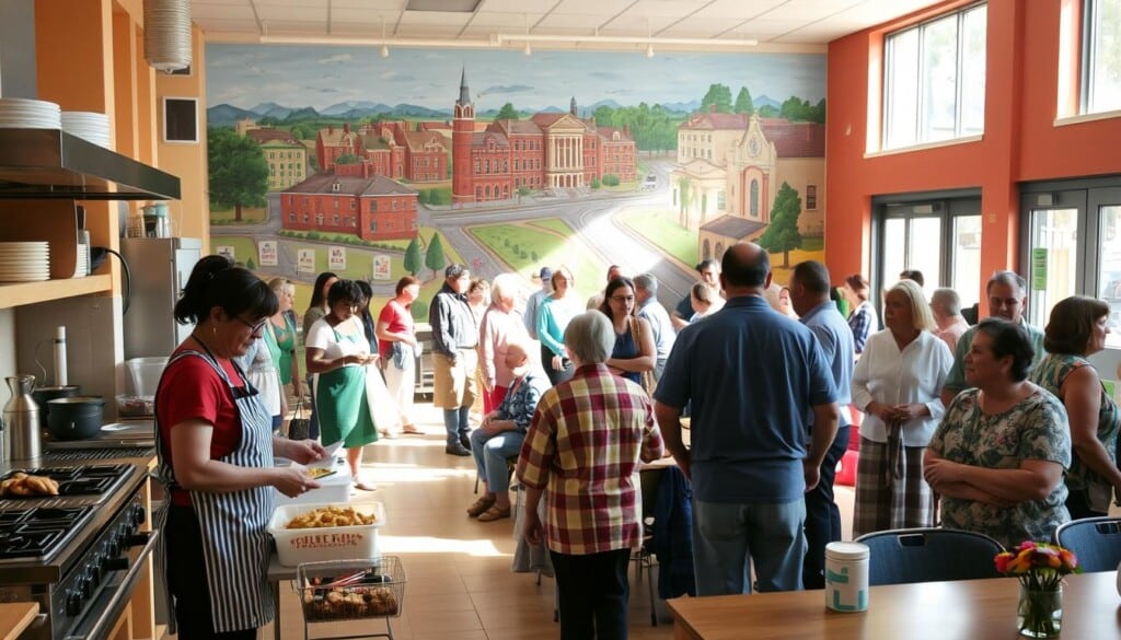 a community center with a warm, welcoming atmosphere, featuring a group of diverse people engaged in various activities such as socializing, learning, and volunteering. The foreground depicts a well-equipped kitchen where volunteers are preparing meals, while in the middle ground, a cozy seating area is filled with residents chatting and enjoying each other's company. The background showcases a vibrant mural depicting the local neighborhood and its landmarks, bathed in soft, natural lighting that filters in through large windows. The overall scene conveys a sense of inclusivity, belonging, and a strong commitment to supporting the needs of the community.