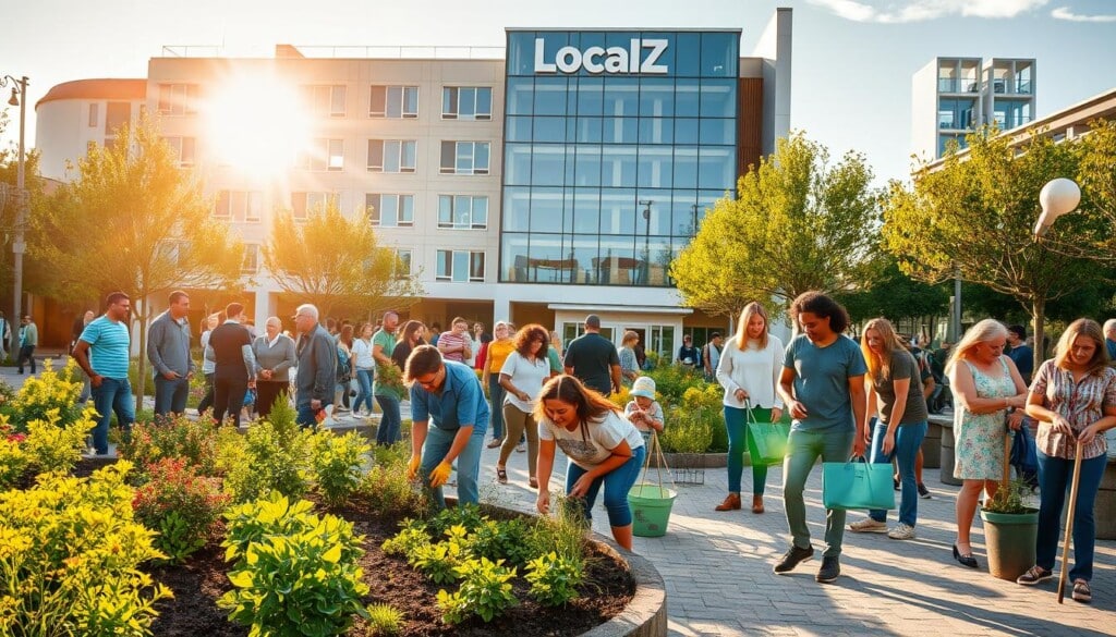 a community of people working together in a vibrant, well-lit town square, with a large, modern building in the background featuring a sign that reads "LocalZ". In the foreground, a diverse group of individuals - young and old, different ethnicities - are engaged in various activities: gardening, cleaning up, helping each other, and socializing. The atmosphere is one of positivity, cooperation, and a shared sense of purpose. The lighting is warm and natural, with the sun casting a gentle glow over the scene. The overall composition conveys a sense of harmony, community, and mutual support.