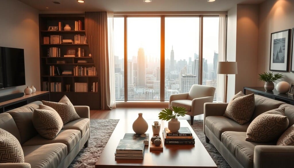 a contemporary living room with a couch, armchair, and coffee table in the foreground. On the coffee table, various home decor items are arranged, including a vase, books, and a potted plant. The middle ground features a large window overlooking a cityscape, with a warm, golden light filtering in. The background showcases a well-organized bookshelf and some artwork on the walls, creating a cohesive and visually appealing space. The overall atmosphere is one of comfort, style, and attention to detail, conveying the high-quality and value of professional home staging.