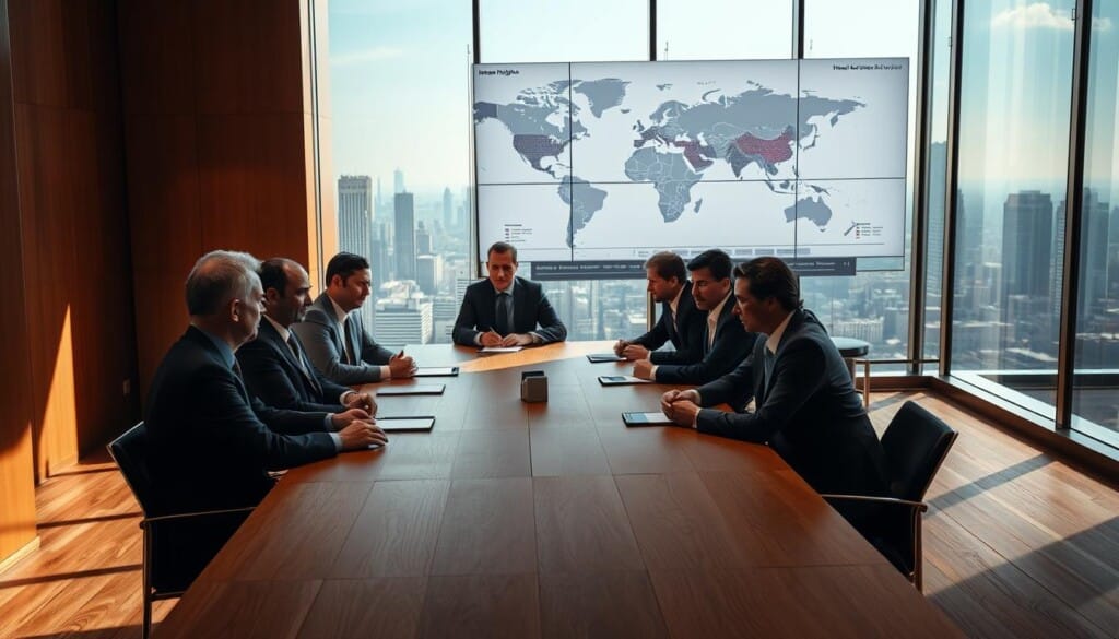 a corporate office setting with floor-to-ceiling windows overlooking a city skyline, showcasing the intersection of business and human rights. In the foreground, a large oak conference table is surrounded by serious-faced executives in tailored suits, engaged in a tense discussion. The lighting is warm and directional, casting dramatic shadows and highlighting the gravitas of the scene. In the background, a massive wall-mounted display shows visualizations of global human rights data, underscoring the gravity of the decisions being made. The overall atmosphere conveys a sense of responsibility, moral deliberation, and the weight of corporate impact on the world stage.