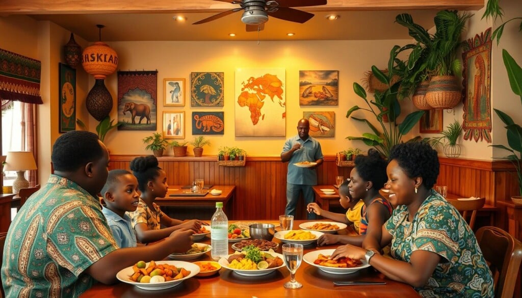 a cozy, family-friendly African restaurant interior with warm lighting, wooden furniture, and colorful, traditional decor. A group of people, including children, enjoying a shared meal at a large table in the foreground. The middle ground features servers carrying platters of various African dishes, while the background showcases vibrant artwork, textiles, and plants, creating an authentic and inviting atmosphere.