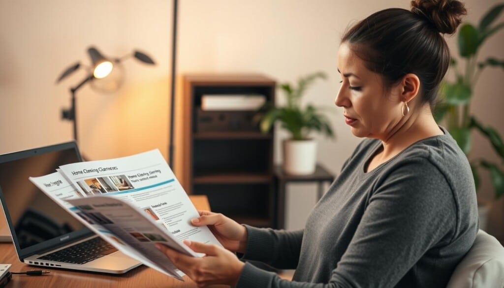 a cozy home office setting, with a wooden desk and a laptop computer, a potted plant, and a cheerful houseplant in the background. In the foreground, a person is sitting at the desk, closely examining several brochures and documents related to home cleaning services. Their expression is one of focused consideration, as they carefully weigh their options. The lighting is warm and inviting, creating a sense of comfort and productivity. The overall scene conveys the process of thoughtfully choosing the right home cleaning business to suit one's needs and lifestyle.