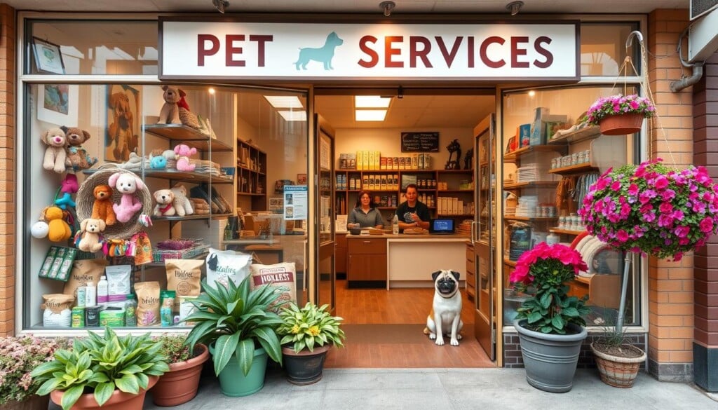 a cozy neighborhood pet services shop with a warm, inviting atmosphere. the storefront has large windows displaying a variety of pet toys, accessories, and supplies. the entrance is flanked by potted plants and hanging baskets overflowing with flowers. inside, the space is well-lit and organized, with shelves stocked with high-quality pet food, grooming products, and healthcare items. a friendly staff member is visible behind the counter, ready to assist customers. the overall vibe is one of care, expertise, and a deep understanding of the needs of local pet owners and their furry companions.