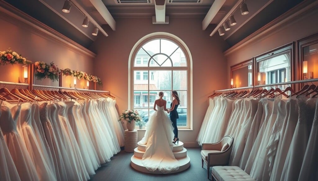 a cozy, well-lit bridal shop interior with rows of elegant white wedding dresses on display, warm lighting creating a soft and romantic atmosphere, a spacious fitting area with plush seating, a large arched window offering a view of a picturesque city street outside, a sophisticated decor featuring subtle floral accents and polished wood details, a central bridal pedestal where customers can model their dream gowns, a knowledgeable sales associate standing by to offer expert advice, a serene and inviting ambiance that captures the excitement and joy of finding the perfect wedding dress