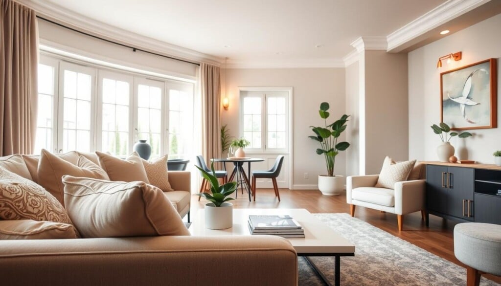 a cozy, well-staged living room showcasing effective home staging strategies. In the foreground, a plush, neutral-toned sofa adorned with decorative pillows invites viewers to imagine themselves relaxing in the space. On the middle-ground, a modern coffee table displays a few carefully curated decor items, such as a potted plant and a stack of magazines. The background features a large window that floods the room with natural light, highlighting the bright, airy atmosphere. Warm-toned lighting fixtures and a piece of artwork on the wall add finishing touches to the inviting, staged ambiance.