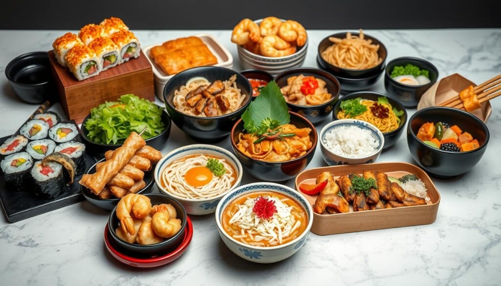 a delectable assortment of popular japanese dishes, including sushi rolls with vibrant nori seaweed, succulent tempura shrimp, steaming bowls of ramen with perfectly al dente noodles, tender yakitori skewers, colorful bento boxes filled with rice, pickled vegetables, and expertly prepared proteins, all arranged in a visually striking composition with a clean, minimalist background that highlights the intricate textures and vibrant colors of the cuisine. the scene is illuminated by soft, natural lighting that casts a warm, inviting glow, creating a mouthwatering and authentic representation of the vibrant and diverse flavors of traditional japanese cooking.