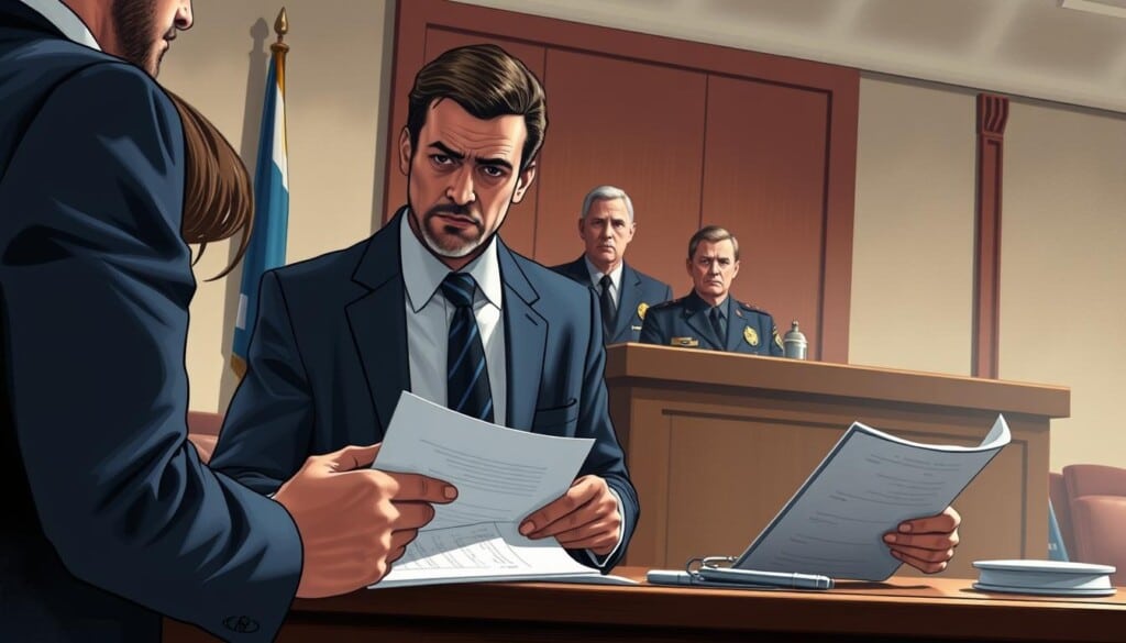 a detailed and realistic illustration of the DUI case process, depicting a courtroom scene with a defendant, lawyer, judge, and law enforcement officer. The foreground shows the defendant and lawyer discussing legal documents, with a sense of tension and urgency in their expressions. The middle ground features the judge presiding over the case, sternly observing the proceedings. In the background, a police officer stands by, symbolizing the law enforcement involvement in the DUI case. The lighting is soft and natural, creating a somber and serious atmosphere, as befits the gravity of the situation. The scene is rendered with a high level of detail and realism, capturing the complex and multifaceted nature of a DUI case.