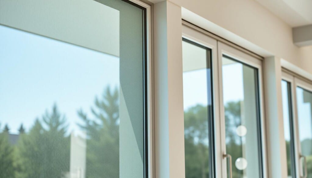 a detailed close-up photo of premium solar control window films, in a high-quality, modern residential setting. the films are shown applied to large windows, with a crisp, clear view of the intricate layered patterns and textures. the films have a sleek, tinted appearance that seamlessly blends with the window frames. the lighting is bright and natural, highlighting the nuanced visual properties of the films. the camera angle is slightly elevated to showcase the full height of the windows. the overall mood is one of sophistication, highlighting the premium quality and aesthetic appeal of the window tinting solution.