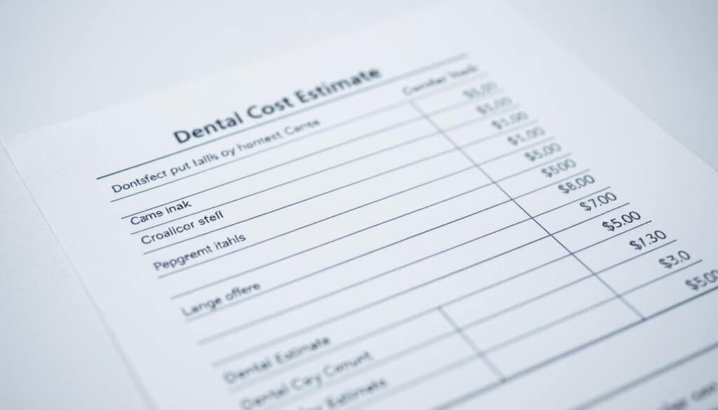 a detailed close-up view of a dental cost estimate form, with various line items and amounts neatly displayed. the form has a professional, official appearance, printed on quality paper with a subtle background texture. the lighting is soft and even, creating a calming, clinical atmosphere. the angle is slightly elevated, allowing the viewer to clearly see the details of the form. the composition emphasizes the financial aspects of general dentistry, conveying the importance of understanding the costs associated with dental care.