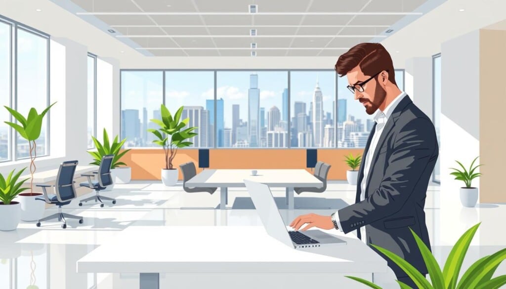 a detailed digital illustration of a business owner listing their company on the LocalZ platform, set against a bright, modern office environment. in the foreground, a well-dressed professional stands at a desk, focused on a laptop screen as they navigate the LocalZ website. the middle ground features a minimalist, open-concept workspace with ergonomic furniture, lush potted plants, and natural light streaming through large windows. the background showcases the vibrant city skyline beyond, hinting at the broader business ecosystem. the overall scene conveys a sense of productivity, professionalism, and the opportunities available to local businesses through online platforms like LocalZ.