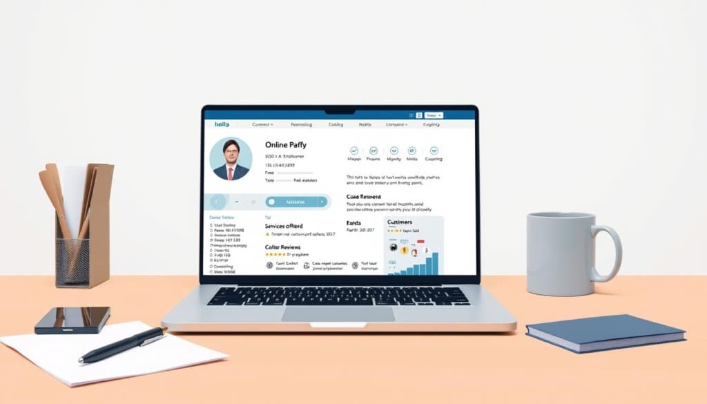 a detailed digital illustration of an online business listing for a corporate attorney service, shot from an overhead perspective with a clean, minimalist design. the foreground shows a laptop screen displaying a well-organized business profile with the company logo, contact information, services offered, and customer reviews. the middle ground features office desk accessories like a pen, notepad, and coffee mug, conveying a professional, productive atmosphere. the background has a plain, neutral-colored wall to keep the focus on the digital elements. the overall scene is brightly lit with soft, even lighting, creating a crisp, modern aesthetic suitable for a corporate legal services website or promotional material.