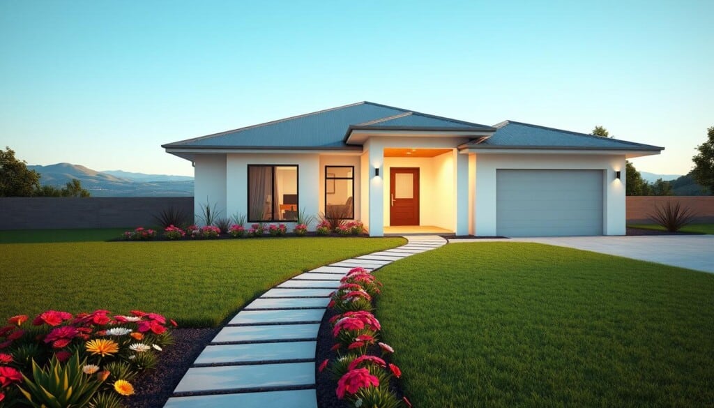 a detailed, high-quality 3D render of a modern, well-designed home with a lush, well-manicured garden in the foreground, featuring an expansive lawn, vibrant flowers, and a paved walkway leading to the front door. The home's exterior is characterized by clean lines, large windows, and a minimalist design aesthetic, with a neutral color palette of whites, grays, and natural wood tones. The lighting is bright and warm, creating a welcoming atmosphere, and the scene is captured from a slightly elevated angle to showcase the home's curb appeal and the surrounding landscape. In the background, there is a scenic vista of rolling hills or a cityscape, suggesting the home's desirable location and potential to maximize its value.