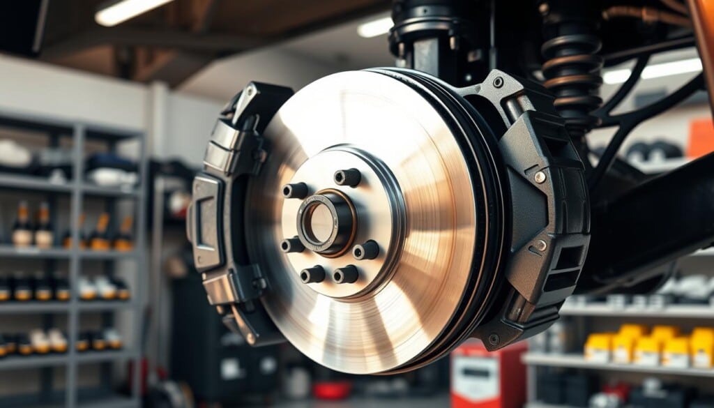 a detailed, hyper-realistic image of a well-maintained vehicle's brake system, set against a clean, modern automotive repair shop interior. the brake components are prominently displayed, including the brake pads, calipers, and rotors, all in pristine condition. the lighting is bright and natural, casting a warm glow on the scene. the background features neatly organized shelves of auto parts and tools, conveying a sense of expertise and professionalism. the overall composition emphasizes the importance of proper brake maintenance and the benefits of timely brake repair services.