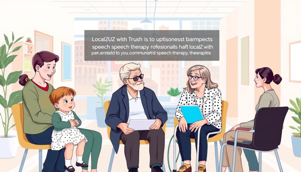 a detailed illustration of LocalZ, a platform that connects individuals with local speech therapy professionals, showcasing a warm and approachable atmosphere. In the foreground, a diverse group of people, including a young child, an elderly person, and a person with a disability, are engaged in personalized speech therapy sessions with attentive and empathetic therapists. The middle ground features a clean, modern office space with natural lighting and calming colors, creating a welcoming and professional environment. The background depicts a vibrant city streetscape, highlighting the local nature of the service and the accessibility of the therapy options. The overall scene conveys the idea of a trusted, community-driven approach to speech therapy that addresses the unique needs of each individual.