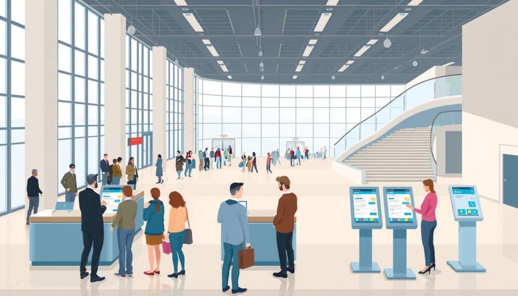 a detailed illustration of the booking procedures for a convention center, showcasing the various steps and interactions involved. the scene depicts a spacious lobby with a central reception desk, framed by large windows that allow natural light to flood the area. in the foreground, a group of attendees are engaged in conversation with the staff, discussing event details and finalizing their reservations. the middle ground features several touchscreen kiosks where visitors can independently access information and complete booking transactions. the background reveals a curving grand staircase leading to upper levels, hinting at the scale and complexity of the convention center's operations. the overall mood is one of efficiency, professionalism, and a welcoming atmosphere catered to the needs of event organizers and attendees.