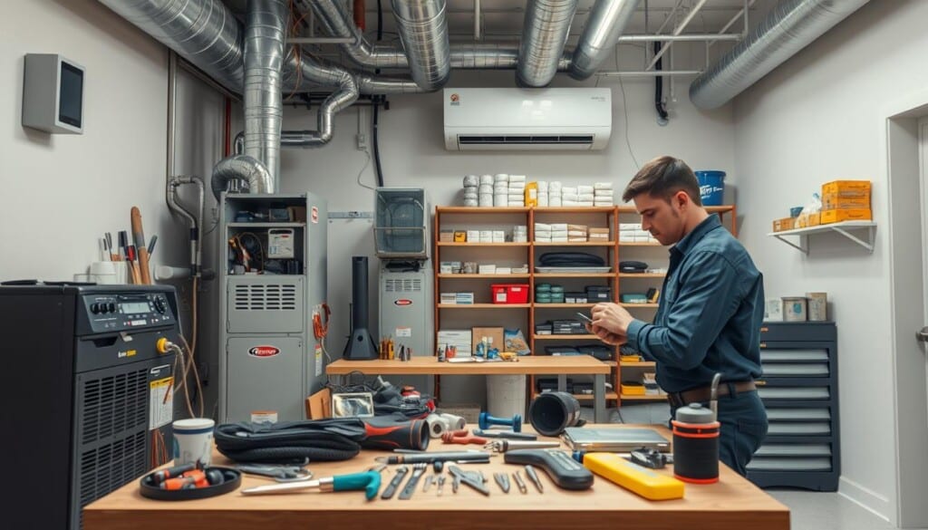 a detailed, photorealistic interior scene of a residential HVAC system maintenance and repair service, with a technician in the foreground inspecting and servicing the furnace, ductwork, and air conditioning components, surrounded by various tools and equipment arranged neatly on a workbench in the middle ground, and with a clean, well-lit workshop space in the background featuring shelves stocked with HVAC parts and supplies, creating an atmosphere of professionalism and attention to detail that reflects the reliable and efficient HVAC services offered