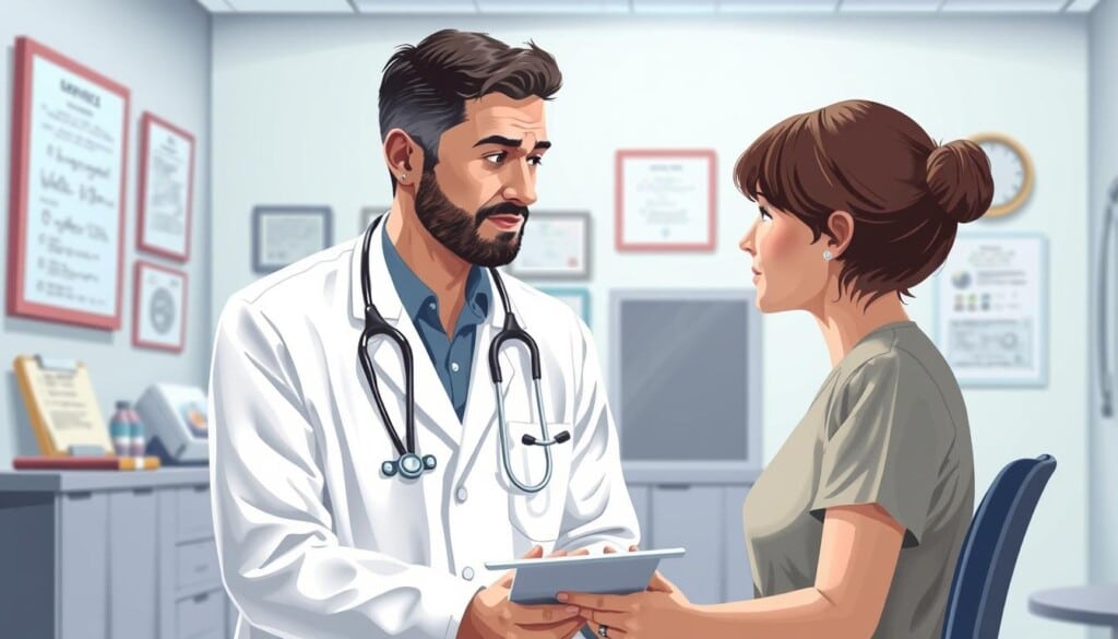 a detailed, realistic, and well-lit illustration of preventive medicine, depicting a doctor in a white coat examining a patient in a medical office setting. The foreground shows the doctor carefully listening to the patient, with a calm and reassuring expression. The middle ground includes medical equipment like a stethoscope, blood pressure cuff, and clipboard with notes. The background features a clean, professional-looking office with medical charts and certificates on the walls, conveying an atmosphere of expertise and care. The lighting is soft and natural, creating a sense of warmth and comfort. The entire scene emphasizes the importance of early detection and proactive healthcare to maintain good internal health.