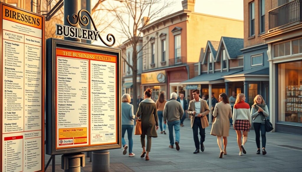 a detailed, realistic illustration of a local business directory on a city street, with a warm, inviting atmosphere. The foreground depicts a well-maintained, vintage-style directory board displaying a variety of business listings in a clear, legible layout. The middle ground showcases a bustling urban scene, with people of diverse backgrounds casually strolling by, interacting with the directory and each other. The background features a row of charming, old-fashioned storefronts and buildings, creating a sense of community and neighborhood character. The lighting is soft and natural, with a golden, late-afternoon glow, casting long shadows and highlighting the details of the scene. The overall composition conveys a sense of community engagement, local pride, and the importance of accessible, up-to-date information for small businesses and residents.