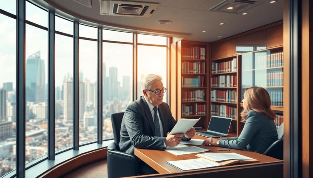 a detailed, realistic illustration of a local estate planning attorney's benefits, seen through a large window overlooking a modern, professional office. In the foreground, a middle-aged attorney in a suit sits at a desk, reviewing documents with a client. Behind them, bookshelves line the walls, conveying expertise and experience. Natural light filters in, casting a warm, focused glow on the scene. The background shows a bustling city skyline, suggesting the attorney's deep community ties and accessibility. The overall mood is one of trust, expertise, and personalized service.