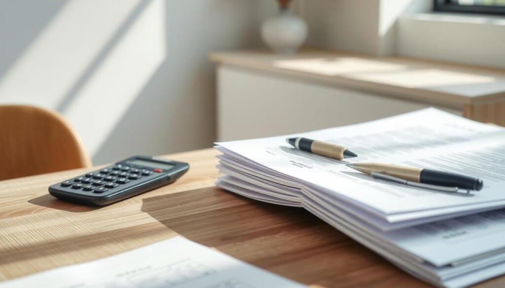 a detailed realistic photograph of affordable auto insurance, depicting a stack of documents or paperwork with a pen, a calculator, and a mobile phone on a wooden table, with a modern, minimalist background, the scene is brightly lit from the side creating soft shadows, the overall mood is focused and informative