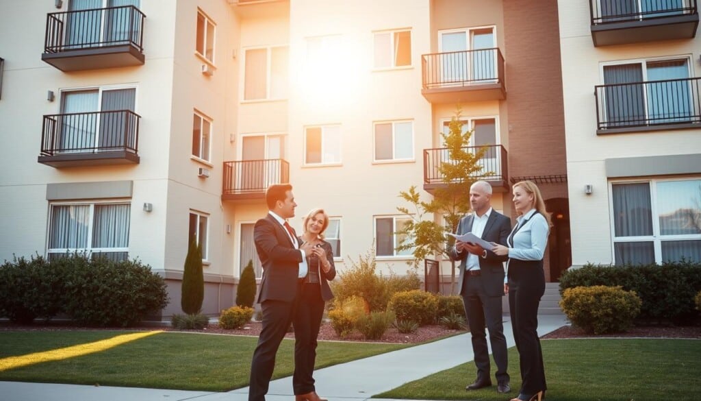 a detailed, well-lit, high-quality photograph of an apartment building with a well-maintained exterior, clean windows, manicured landscaping, and a team of professional property managers inspecting the premises and taking notes. the managers are dressed in business attire and appear focused and attentive. the building is bathed in warm, golden sunlight, creating a sense of efficiency and care. the image conveys a sense of order, organization, and attention to detail in property management, highlighting the benefits of professional oversight.