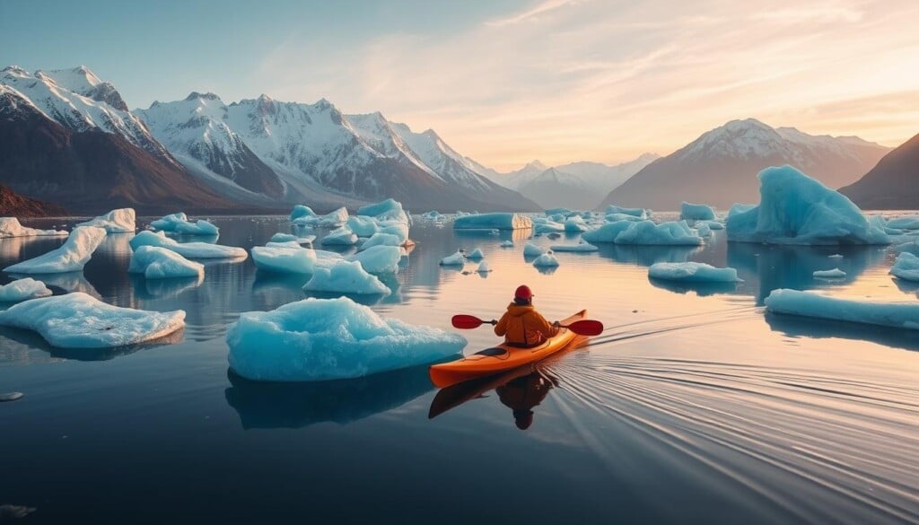a dramatic kayaking scene in a remote wilderness, with a lone kayaker paddling through a calm, reflective lake surrounded by towering, snow-capped mountains in the background. The kayaker is navigating through a maze of floating icebergs, with shimmering blue glacial ice reflecting the soft, golden light of the setting sun. The landscape is serene and tranquil, with a sense of isolation and adventure. The composition features a balanced, wide-angle perspective that captures the vastness of the scene, with the kayaker as the focal point, highlighting the unique and awe-inspiring experience of kayaking in this untamed, natural environment.