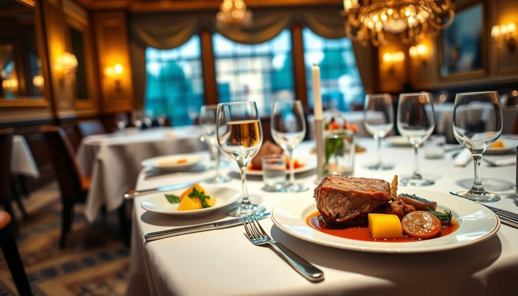 a fine dining British cuisine table setting with a white linen tablecloth, crystal glassware, sterling silver cutlery, and porcelain china plates featuring a traditional British roast dish such as roast beef or lamb with roasted potatoes, vegetables, and a rich gravy, illuminated by warm, soft lighting from overhead chandelier, viewed from a slightly elevated angle to capture the elegant, sophisticated ambiance of a high-end London restaurant