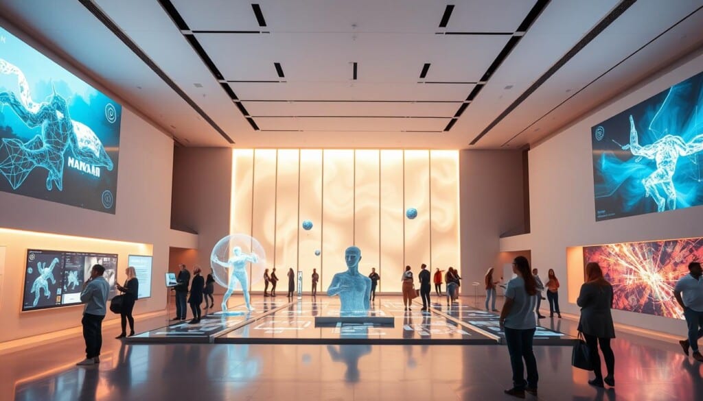a futuristic art gallery interior with high ceilings, sleek minimalist design, and interactive digital displays showcasing cutting-edge digital art and immersive multimedia installations. the space is flooded with warm, diffused natural lighting from large windows, creating a serene and contemplative atmosphere. in the foreground, visitors engage with touch-sensitive screens and gesture-controlled interfaces, exploring and manipulating dynamic art pieces that blend digital and physical realms. the middle ground features floating holograms and projection-mapped sculptures, while the background reveals expansive video walls displaying ever-evolving generative artworks. the gallery exudes a sense of innovation, technological sophistication, and a bold vision for the future of art consumption.