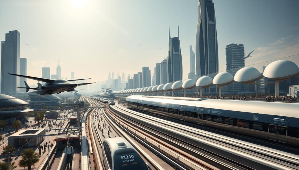 a futuristic cityscape with sleek, advanced transportation systems dominating the foreground - hovering electric vehicles, autonomous flying cars, and high-speed maglev trains gliding effortlessly through the urban landscape. The middle ground features bustling intermodal hubs, with people seamlessly transitioning between different modes of transit. In the background, towering skyscrapers and gleaming renewable energy infrastructure create an atmosphere of technological sophistication and environmental sustainability. Dramatic lighting from above casts long shadows, emphasizing the scale and dynamism of this vision of 22nd century transportation.