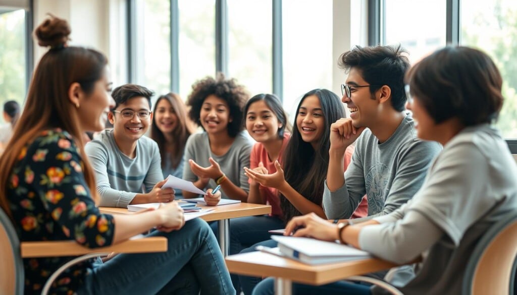 a group of diverse students participating in a dynamic language immersion program, sitting in a brightly lit classroom with large windows overlooking a lush outdoor scene, engaged in animated discussions and hands-on activities that facilitate their language learning journey, creating a warm, collaborative atmosphere that fosters cultural exchange and accelerated language acquisition, shot from a slightly elevated angle with a shallow depth of field to emphasize the students' focused expressions and the vibrant, immersive learning environment