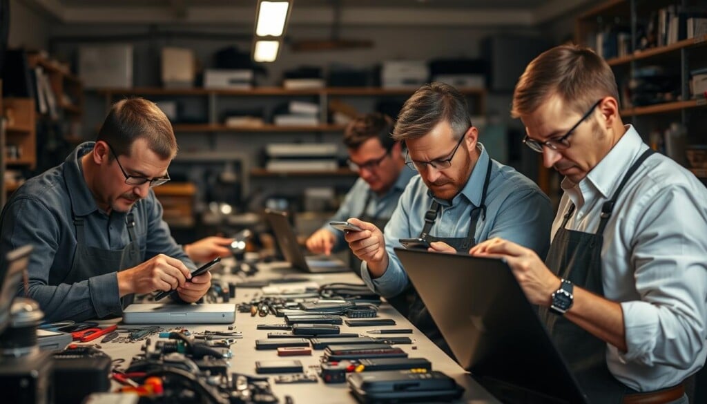 a group of local electronics repair technicians working diligently in a well-equipped workshop, surrounded by various tools and electronic devices, the room bathed in warm, focused lighting that emphasizes their concentration and expertise; the technicians are dressed in professional attire, their faces reflecting a sense of dedication and problem-solving as they meticulously examine and repair a range of electronics, from smartphones to laptops, creating an atmosphere of reliable, specialized service that customers can trust.