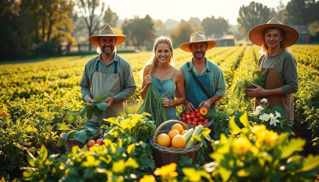 a group of local farmers working in a verdant, sun-dappled field, wearing simple, practical clothing and showcasing the fresh produce they have grown, including vibrant vegetables, ripe fruits, and fragrant flowers, captured in a warm, documentary-style photograph with a shallow depth of field to emphasize the farmers' faces and the care they put into their work, conveying a sense of community, sustainability, and the importance of supporting local agriculture