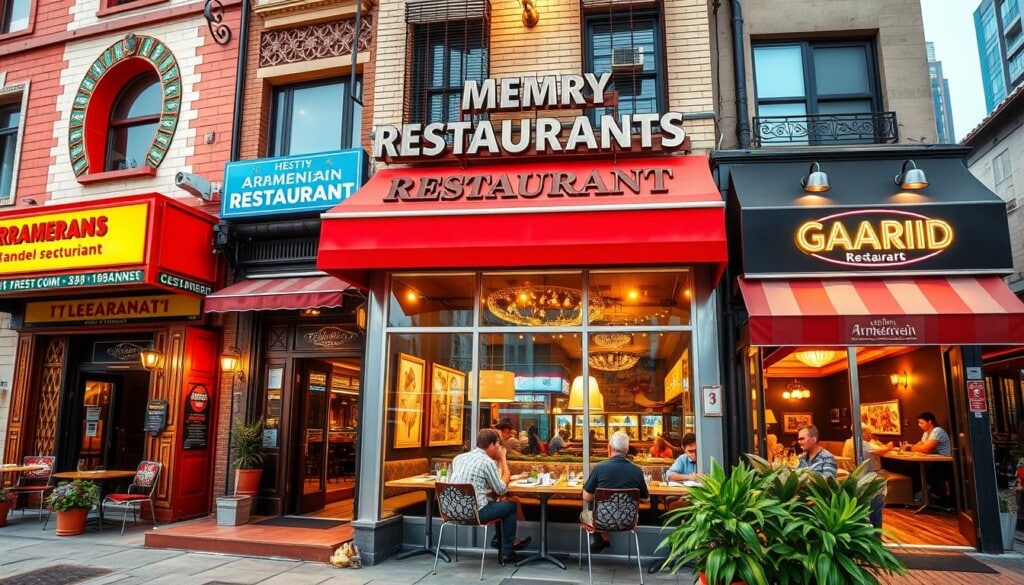 a high-quality, detailed photograph of the exterior and interior of several of the best Armenian restaurants in major US cities. The foreground showcases the vibrant, colorful facades and entryways of these establishments, with eye-catching signage, decorative elements, and welcoming outdoor seating areas. The middle ground captures the bustling dining rooms, filled with people enjoying traditional Armenian dishes, such as kebabs, dolma, lahmajoun, and more. The background provides a sense of place, highlighting the unique architectural styles and cityscapes of the neighborhoods these restaurants call home. The lighting is warm and inviting, creating an appetizing atmosphere. The overall composition conveys the diverse, authentic, and high-quality Armenian culinary experiences available in leading US cities.