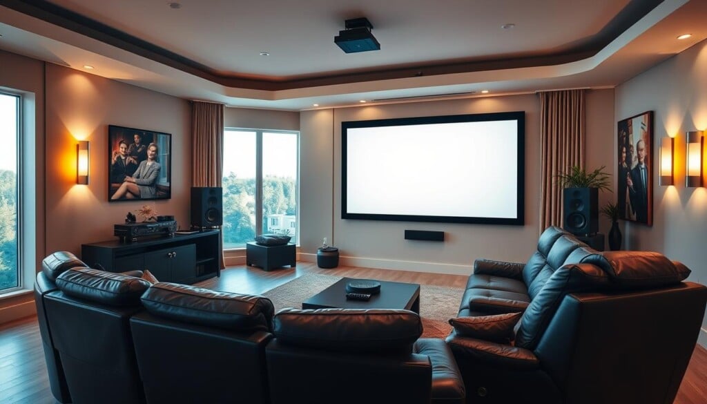a high-quality home theatre setup in a modern, well-lit living room, featuring a large, high-definition projection screen, immersive surround sound speakers, and comfortable leather seating for an optimal viewing experience. The room has a warm, inviting ambiance with subtle accent lighting, luxurious decor, and large windows that flood the space with natural light. The overall setup conveys a sense of sophisticated technology seamlessly integrated into a stylish, comfortable environment.