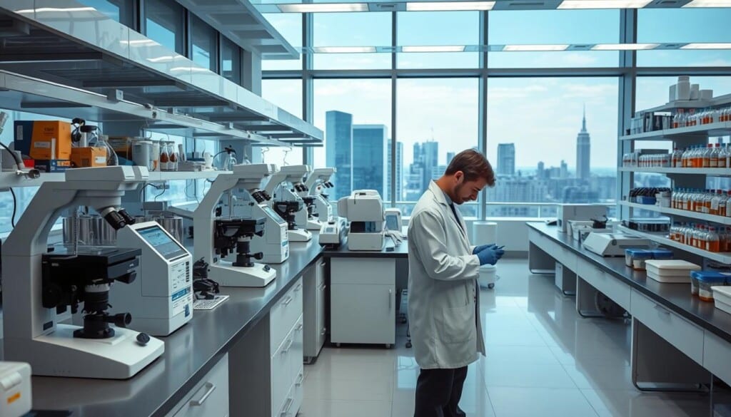 a high-tech laboratory setting with various diagnostic equipment including microscopes, centrifuges, and analytical instruments. the scene is well-lit with bright, uniform lighting to illuminate the scientific work being conducted. the foreground features a technician in a white lab coat and gloves carefully handling test samples. the middle ground displays rows of sleek, modern lab benches and shelves filled with labeled vials and beakers. the background showcases large windows overlooking a cityscape, conveying a sense of a professional, state-of-the-art medical facility. the overall atmosphere is one of precision, innovation, and rigorous scientific inquiry.