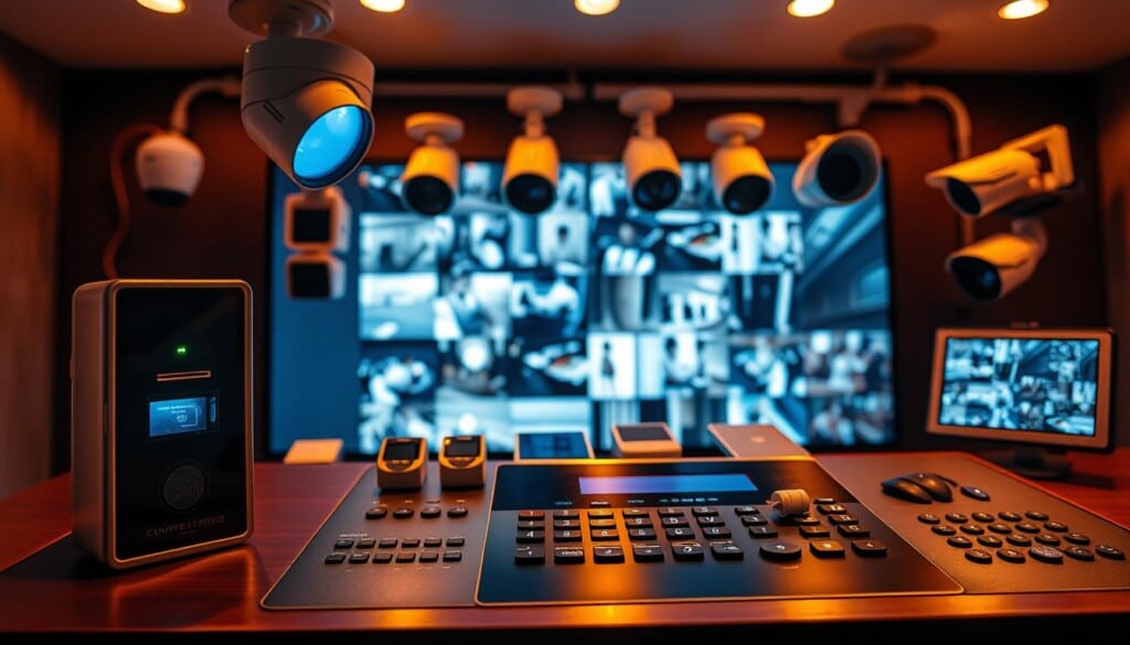 a high-tech security system featuring a sleek, modern control panel with an array of sensors and cameras, illuminated by warm, subtle lighting that creates a sense of security and reliability. In the foreground, a fingerprint scanner and keypad are prominently displayed, with a series of motion detectors and infrared sensors in the middle ground. The background showcases a crisp, high-definition video feed from strategically placed cameras, providing a comprehensive view of the secured area. The overall atmosphere conveys a sense of advanced technology, attention to detail, and a steadfast commitment to protecting the home and its inhabitants.