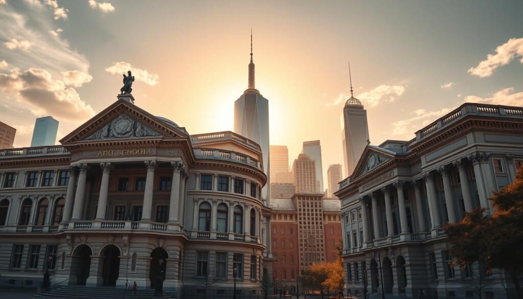 a highly detailed and photorealistic image of several accredited art schools, seen from a low angle perspective, with the schools occupying the foreground and middle ground. The buildings are grand, classical in style, with ornate facades, columns, and intricate architectural details. The schools are set against a backdrop of a vibrant, sun-drenched cityscape, with skyscrapers and other modern structures visible in the distance. The lighting is warm and golden, creating a sense of prestige and exclusivity. The overall atmosphere conveys the idea of prestigious, world-class art education institutions that are the pinnacle of artistic achievement.
