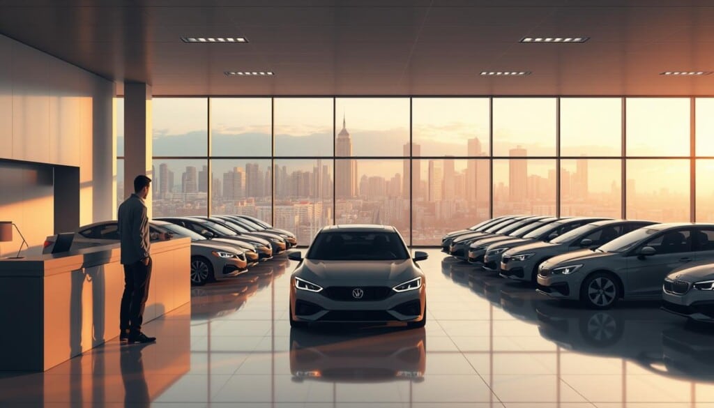 a highly detailed, hyperrealistic digital illustration of the auto rental process, showcasing a modern rental office interior with a sleek, minimalist design. In the foreground, a person is standing at the reception desk, engaging with a rental agent. The middle ground features neatly organized rows of various car models, each displayed under warm, directional lighting. The background depicts a large window overlooking a bustling city skyline, with a soft, golden hour hue casting a serene atmosphere. The composition emphasizes the efficiency and professionalism of the rental experience, using a neutral color palette and clean lines to convey a sense of sophistication and convenience.