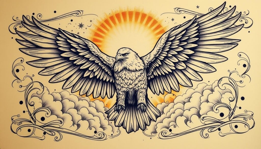 a highly detailed, intricate tattoo design featuring a majestic eagle with outstretched wings, its feathers rendered with precise, lifelike textures. The eagle is set against a backdrop of swirling clouds and a radiant, golden sky, creating a dramatic, ethereal atmosphere. The tattoo design is framed by delicate, ornamental flourishes and intricate line work, showcasing the artistry and skill of the tattoo artist. The overall composition is visually striking and balanced, capturing the power and grace of the eagle in a visually captivating manner.