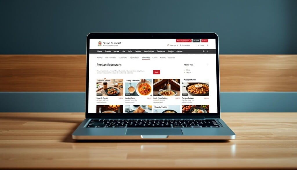 a highly detailed, photorealistic image of a Persian restaurant listings webpage on a laptop screen. the laptop is placed on a clean, minimalist wooden desk, with a warm, indirect lighting illuminating the scene. the webpage features a clean, modern design with high-quality images of various Persian restaurants, along with their names, addresses, and other relevant information displayed in a clear, easy-to-navigate layout. the overall atmosphere is one of sophistication and cultural authenticity, capturing the essence of the best Persian food restaurants in the US.