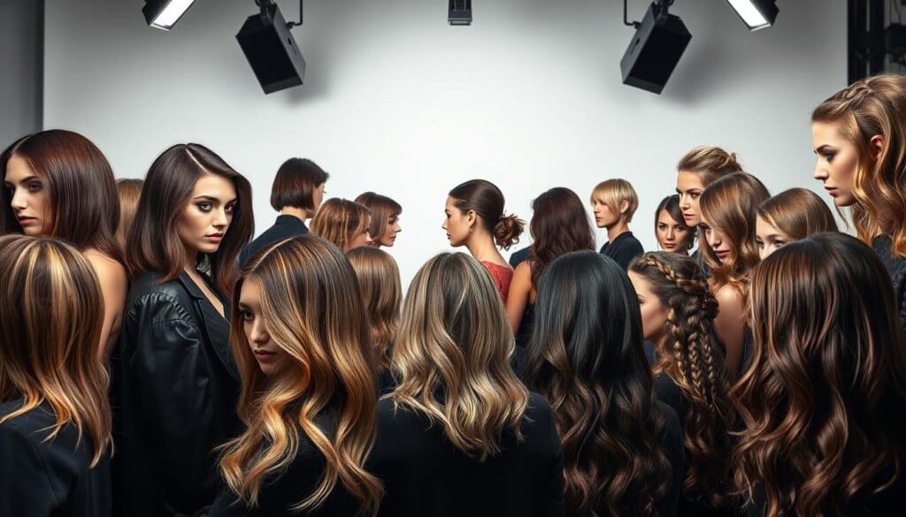 a highly detailed, photorealistic image of a diverse array of fashionable hairstyles and hair trends, captured in a professional studio setting with dramatic, directional lighting that accentuates the texture and sheen of the hair. The foreground features a variety of models showcasing the latest haircuts, color treatments, and styling techniques, such as sleek bobs, textured waves, bold highlights, and intricate braids. The middle ground includes stylists working on the models, demonstrating their expertise and techniques. The background has a clean, minimalist backdrop that allows the hair trends to be the central focus. The overall mood is one of sophistication, creativity, and inspiration, capturing the essence of the "Explore Hair Trends with Local Stylists" section.