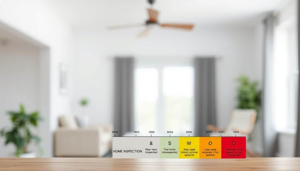 a highly detailed, realistic image of a home inspection rating scale, with a clean, minimalist design. The scale should be the focal point, presented against a soft, blurred background that suggests a modern, well-lit interior space. The scale should have a clear, intuitive layout, with numerical values and descriptive labels that convey the different levels of home inspection quality, from poor to excellent. The overall composition should be visually striking and informative, lending itself well to illustrating the "What to Look for in a Home Inspector" section of the article.