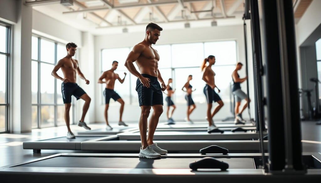 a highly detailed, realistic photograph of a person performing various fitness exercises, shot from a low angle with dramatic lighting that emphasizes the strong, toned physique and determined expression. The subject is standing on a sleek, modern exercise platform in a bright, airy studio with large windows letting in natural light. The background is blurred, but hints at a spacious, minimalist interior with clean lines and a neutral color palette. The image conveys a sense of focus, discipline, and the pursuit of physical excellence - the embodiment of "fitness goals".