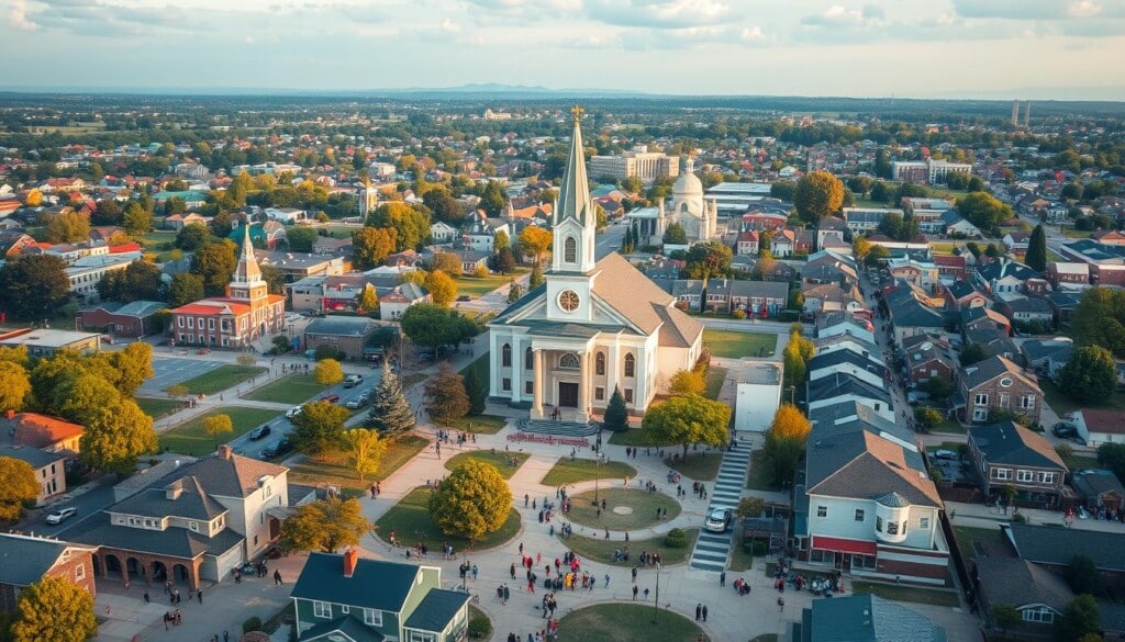 a landscape of a vibrant, bustling community transformed through the power of collective prayer, with a central church or place of worship as the focal point, surrounded by thriving businesses, schools, parks, and homes - all connected by a network of people walking, gathering, and sharing in their faith, with warm, golden lighting illuminating the scene, creating a sense of hope, unity, and spiritual renewal