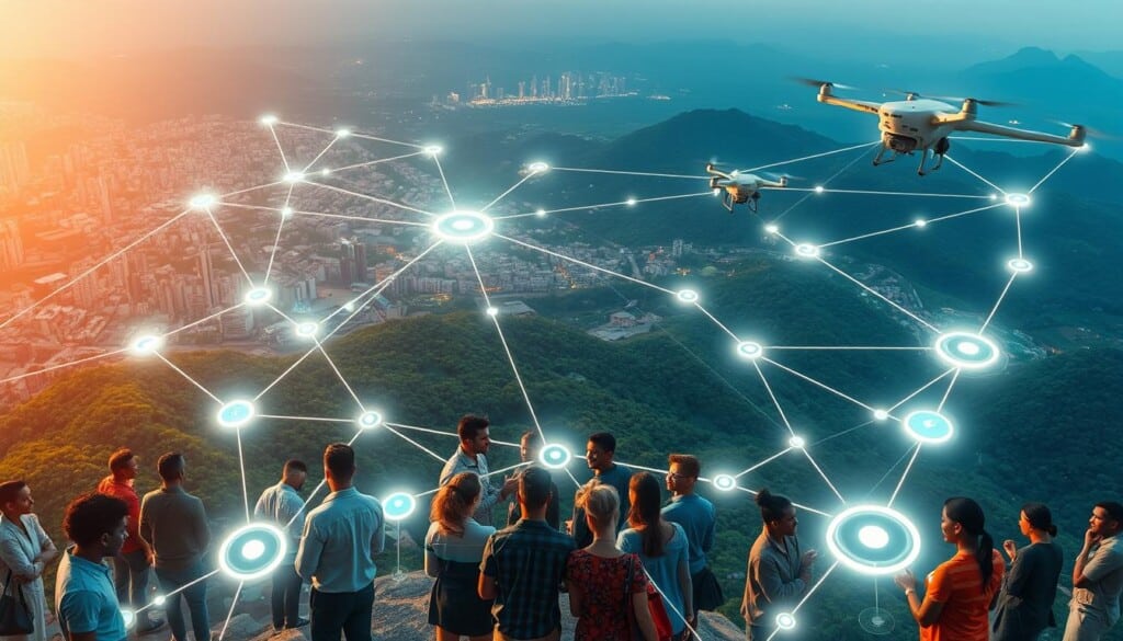 a large interconnected network of local aid organizations working together across borders, connected by glowing digital pathways, set against a backdrop of futuristic cityscapes and lush, verdant landscapes. the foreground features a diverse group of people, representing different cultures and backgrounds, collaborating on various aid projects. the middle ground showcases the integration of technology, with data visualizations, communication hubs, and autonomous delivery drones. the background is illuminated by a warm, diffused light, creating a sense of hope and optimism for the future of international aid. the overall atmosphere is one of global collaboration, innovation, and sustainable development.