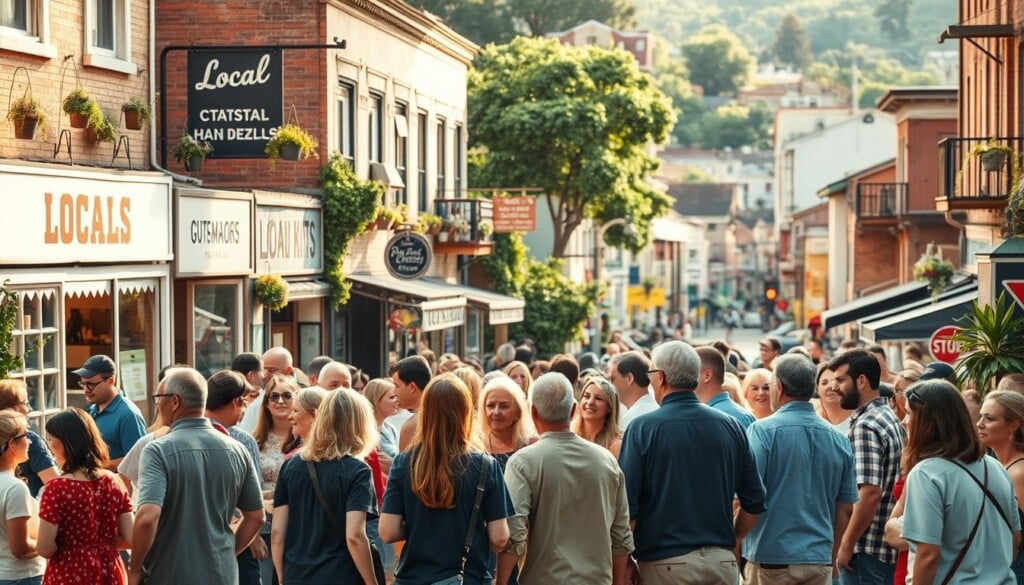 a lively community scene with a group of people gathered together, enjoying the benefits of supporting local businesses. The foreground features a diverse array of individuals - families, friends, and couples - interacting and socializing in a vibrant, colorful setting. The middle ground showcases local shops, cafes, and storefronts, with signage and decorations that highlight the unique charm and character of the neighborhood. The background is filled with a lively, urban landscape, with a mix of historic buildings, modern architecture, and greenery that creates a sense of warmth and vibrancy. The lighting is soft and natural, casting a warm glow over the scene and emphasizing the sense of community and togetherness. The overall mood is one of celebration, collaboration, and the joy of supporting local enterprises.